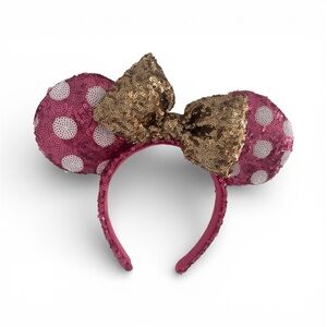 Disney Minnie Mouse Pink Gold Bow Sequin Ear Headband Polka Dot